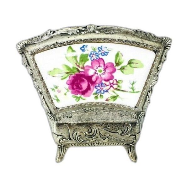 Vintage Silver and Porcelain Hand Painted Velvet Lined Jewelry Box Made Japan - Picture 2 of 12